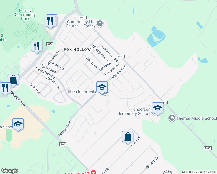 map of restaurants, bars, coffee shops, grocery stores, and more near 1213 Altuda Drive in Forney