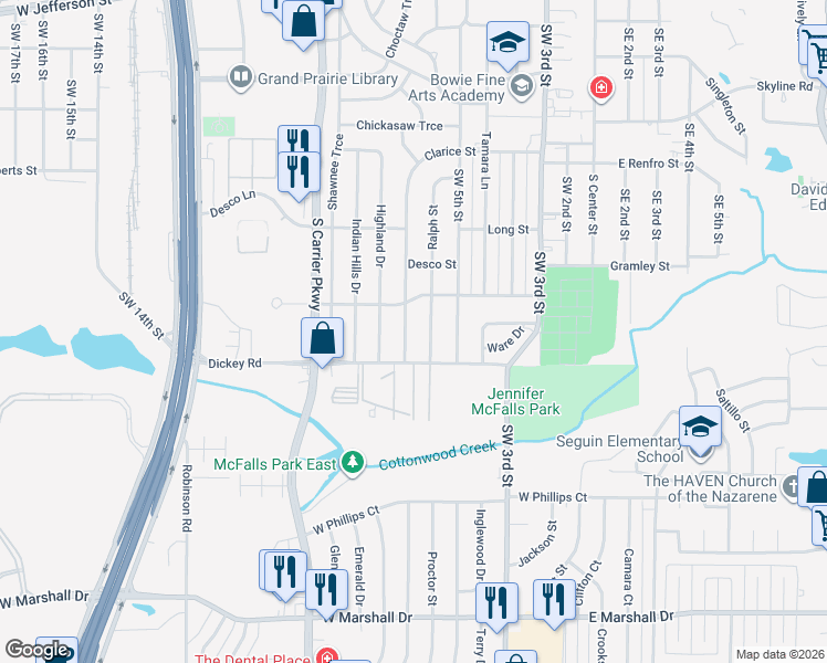 map of restaurants, bars, coffee shops, grocery stores, and more near 1217 Clarice Street in Grand Prairie
