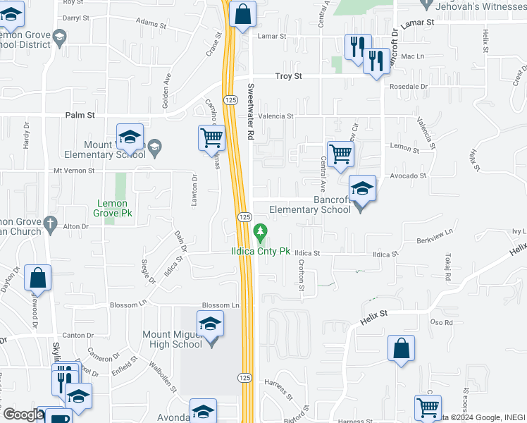 map of restaurants, bars, coffee shops, grocery stores, and more near 8628 Samantha Lane in Spring Valley