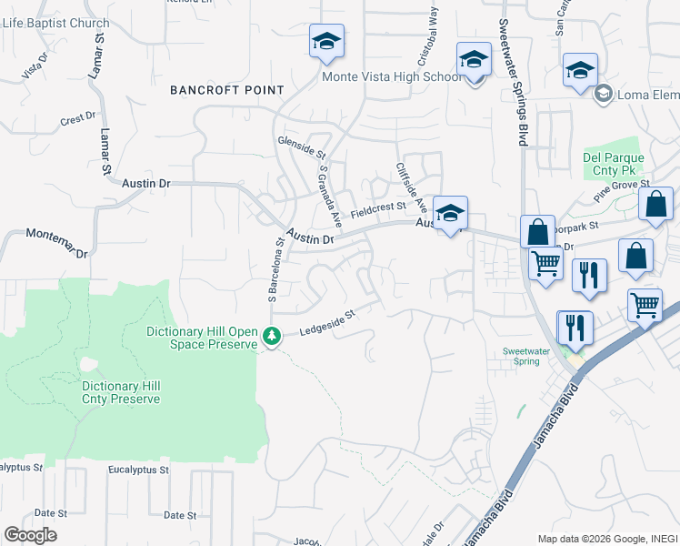 map of restaurants, bars, coffee shops, grocery stores, and more near 10028 Knollview Drive in Spring Valley