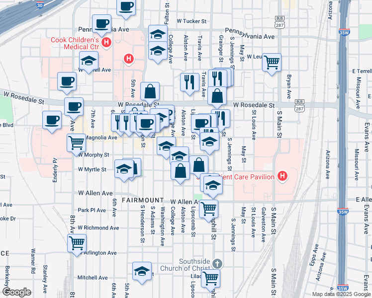 map of restaurants, bars, coffee shops, grocery stores, and more near 1320 Lipscomb Street in Fort Worth