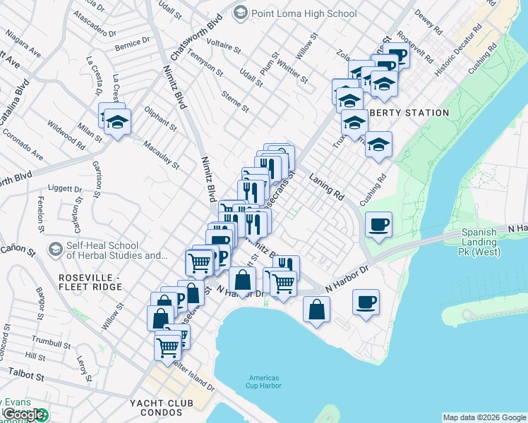 map of restaurants, bars, coffee shops, grocery stores, and more near Rosecrans Street & Newell Street in San Diego