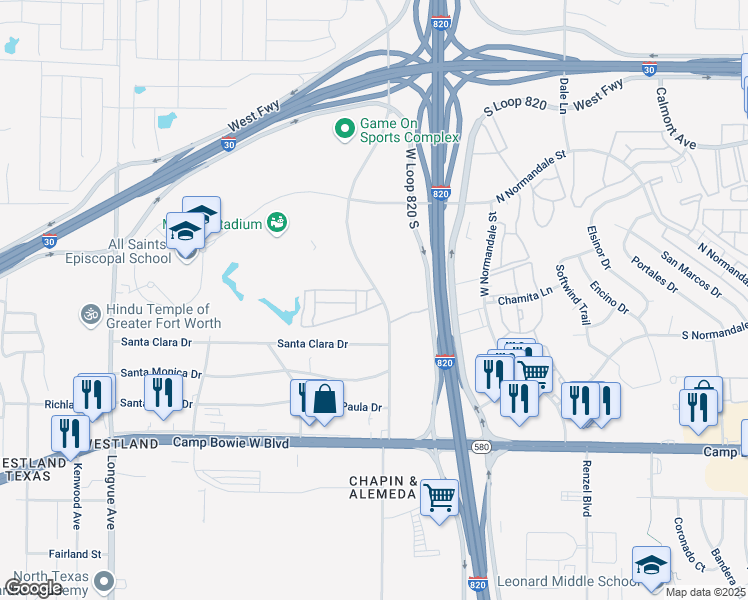 map of restaurants, bars, coffee shops, grocery stores, and more near 2950 Nehemiah Drive in Fort Worth