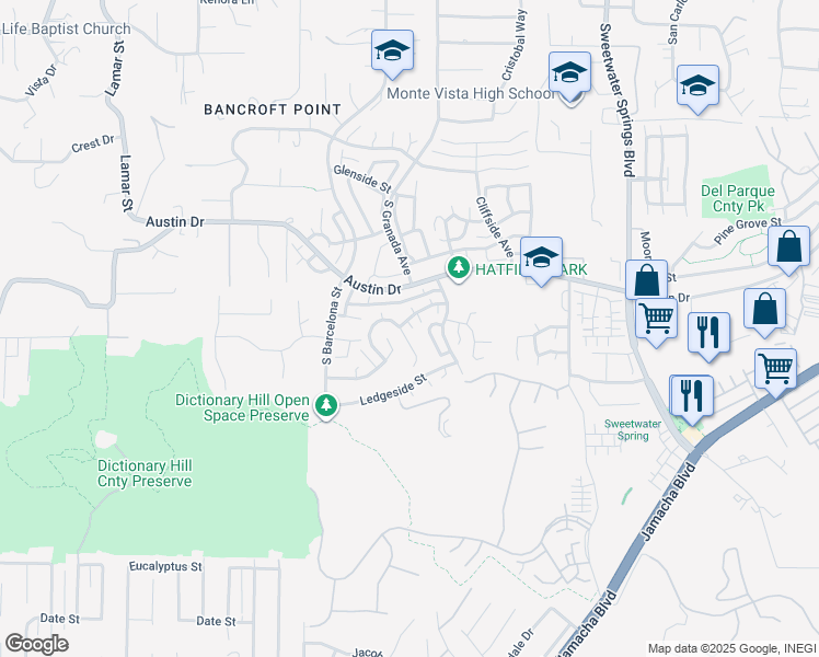 map of restaurants, bars, coffee shops, grocery stores, and more near 2304 Meadowridge Place in Spring Valley