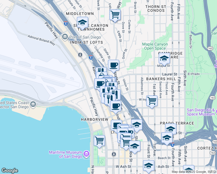 map of restaurants, bars, coffee shops, grocery stores, and more near 2446 India Street in San Diego