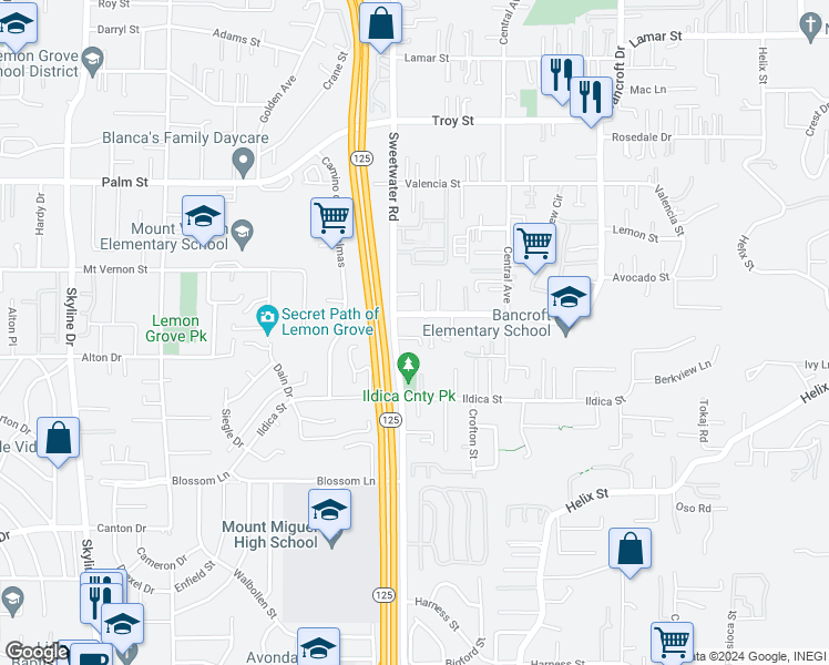 map of restaurants, bars, coffee shops, grocery stores, and more near 8630 Samantha Lane in Spring Valley