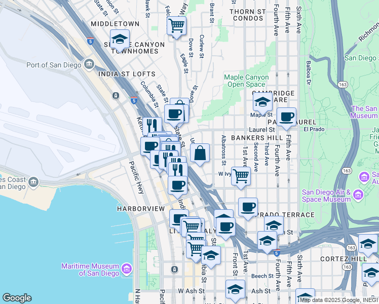 map of restaurants, bars, coffee shops, grocery stores, and more near 2345 Union Street in San Diego