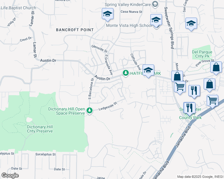 map of restaurants, bars, coffee shops, grocery stores, and more near 2304 Meadowridge Place in Spring Valley