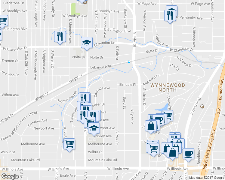 map of restaurants, bars, coffee shops, grocery stores, and more near 1114 Cascade Avenue in Dallas