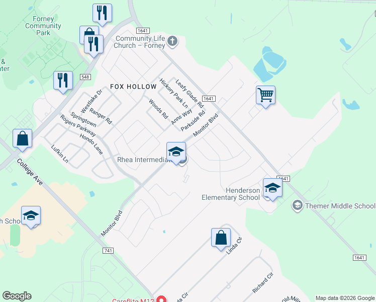 map of restaurants, bars, coffee shops, grocery stores, and more near 1213 Altuda Drive in Forney