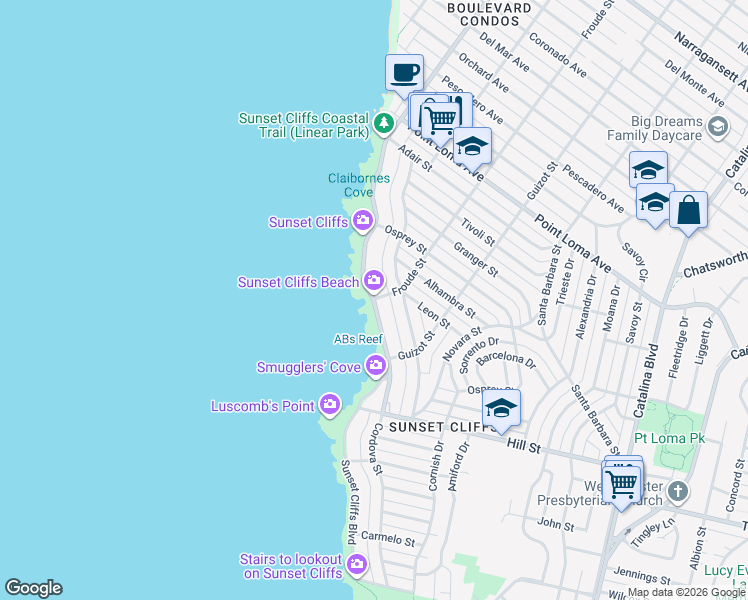map of restaurants, bars, coffee shops, grocery stores, and more near Sunset Cliffs Blvd & Froude St in San Diego