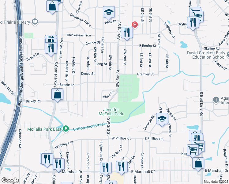 map of restaurants, bars, coffee shops, grocery stores, and more near 1200 Southwest 3rd Street in Grand Prairie
