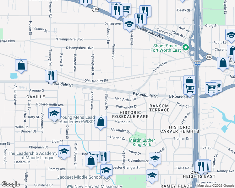 map of restaurants, bars, coffee shops, grocery stores, and more near 5528 East Rosedale Street in Fort Worth