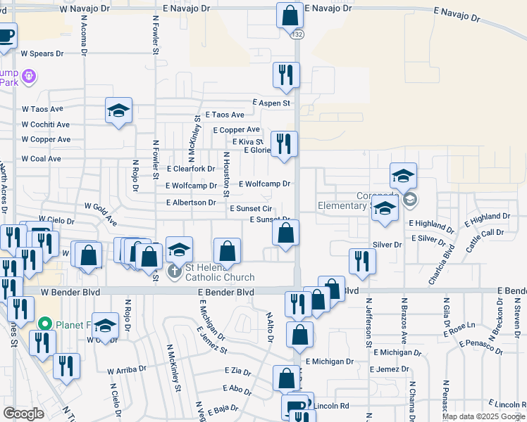 map of restaurants, bars, coffee shops, grocery stores, and more near 2601 North Sunset Circle in Hobbs