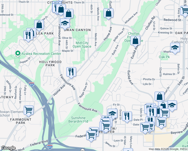map of restaurants, bars, coffee shops, grocery stores, and more near 4646 Wendell Street in San Diego
