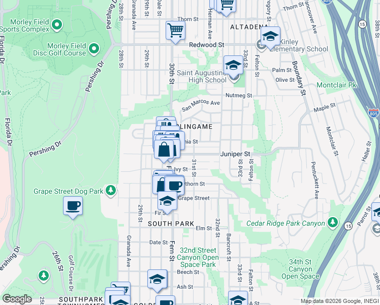 map of restaurants, bars, coffee shops, grocery stores, and more near 2312 31st Street in San Diego