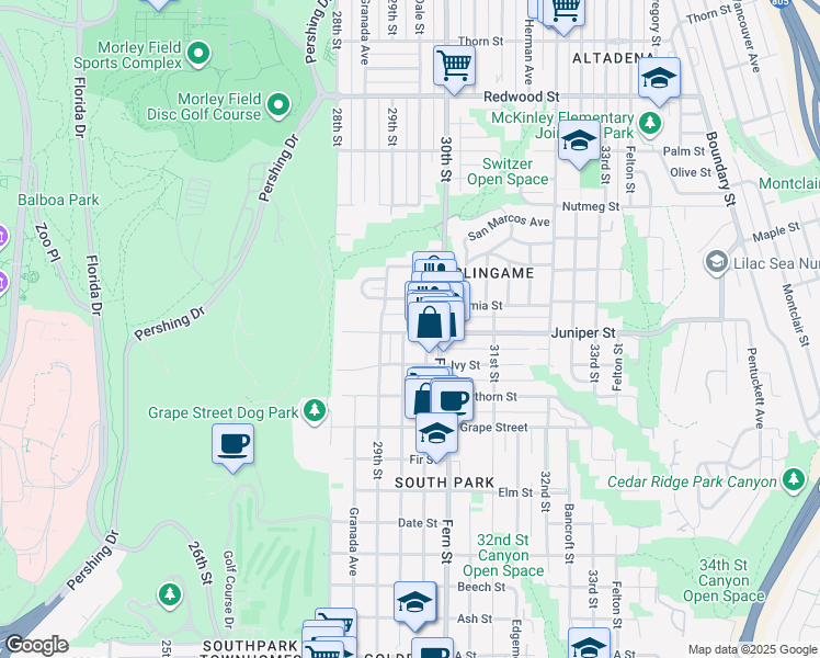 map of restaurants, bars, coffee shops, grocery stores, and more near 3013 Juniper Street in San Diego