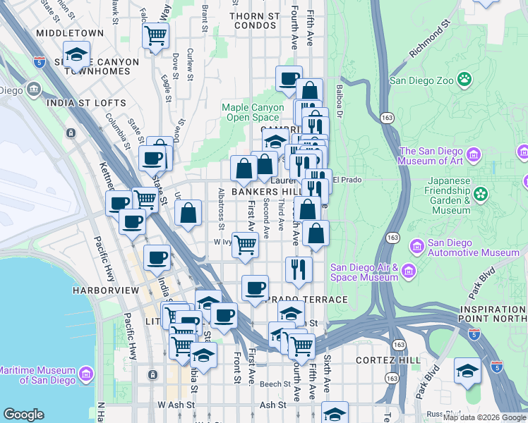 map of restaurants, bars, coffee shops, grocery stores, and more near in San Diego