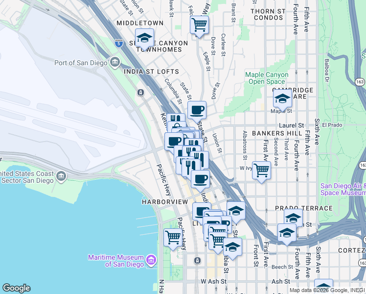 map of restaurants, bars, coffee shops, grocery stores, and more near 2446 India Street in San Diego