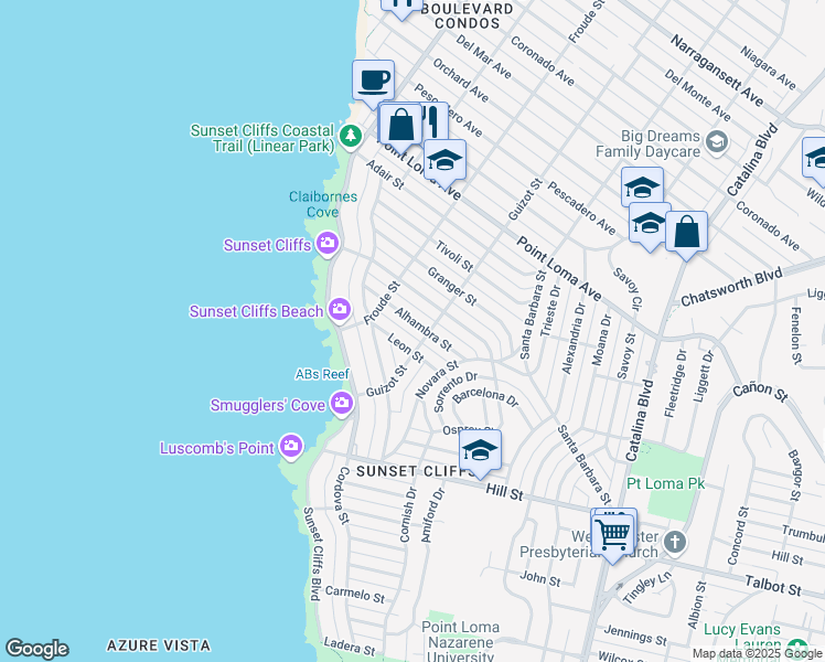 map of restaurants, bars, coffee shops, grocery stores, and more near 4545 Alhambra Street in San Diego