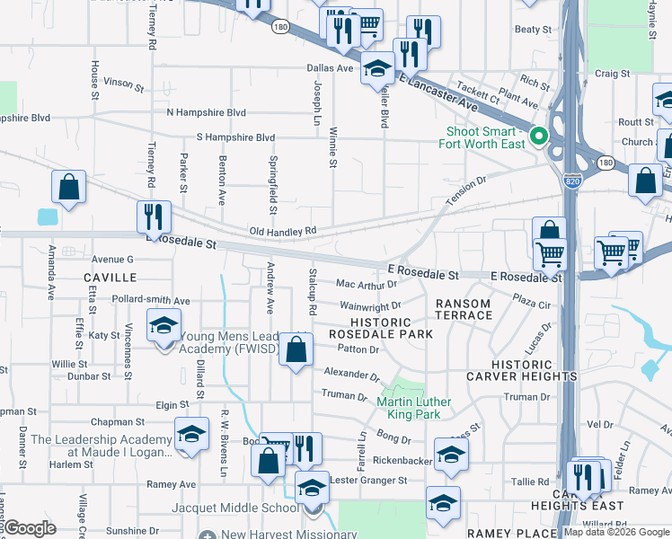 map of restaurants, bars, coffee shops, grocery stores, and more near 5528 East Rosedale Street in Fort Worth