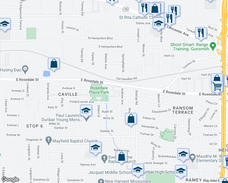 map of restaurants, bars, coffee shops, grocery stores, and more near 5340 East Rosedale Street in Fort Worth