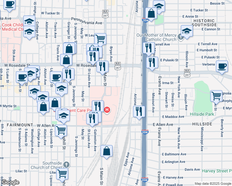 map of restaurants, bars, coffee shops, grocery stores, and more near 1308 Crawford Street in Fort Worth