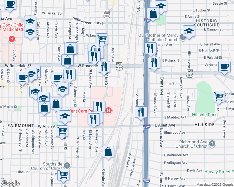 map of restaurants, bars, coffee shops, grocery stores, and more near 1308 Crawford Street in Fort Worth