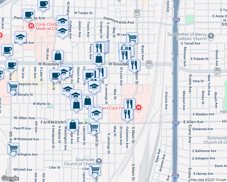 map of restaurants, bars, coffee shops, grocery stores, and more near 1314 May Street in Fort Worth