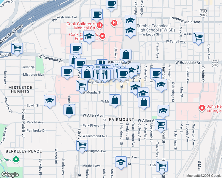 map of restaurants, bars, coffee shops, grocery stores, and more near 1312 South Lake Street in Fort Worth