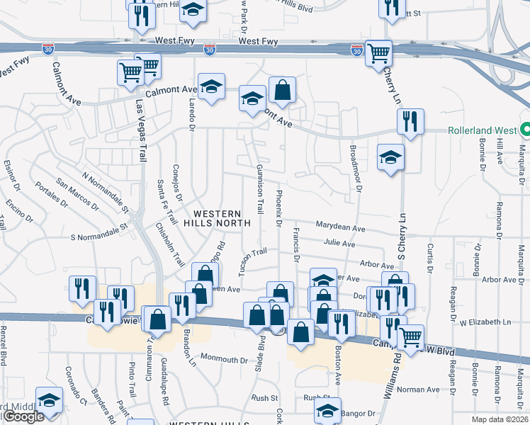 map of restaurants, bars, coffee shops, grocery stores, and more near 3024 Gunnison Trail in Fort Worth
