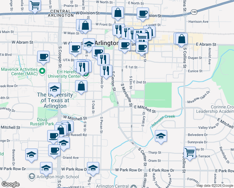 map of restaurants, bars, coffee shops, grocery stores, and more near 100 East 3rd Street in Arlington