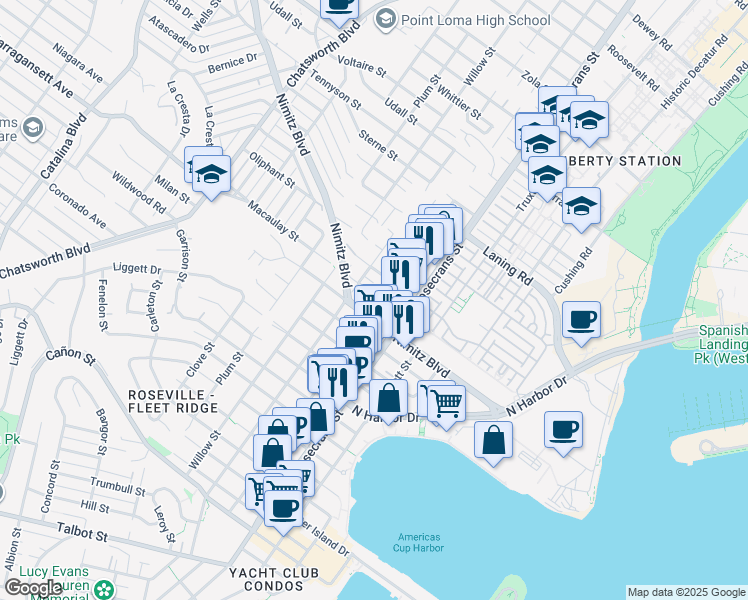 map of restaurants, bars, coffee shops, grocery stores, and more near 3102 Macaulay Street in San Diego