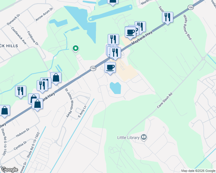 map of restaurants, bars, coffee shops, grocery stores, and more near 3208 Hartwell Street in Johns Island