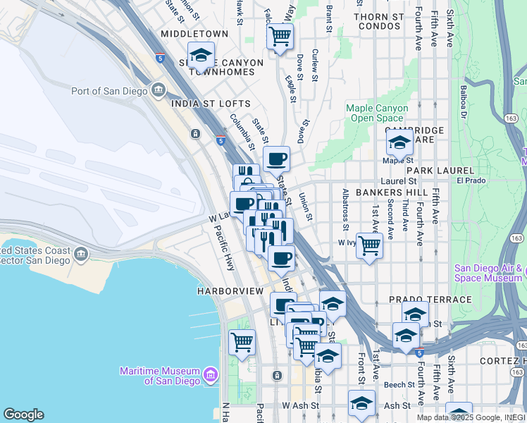 map of restaurants, bars, coffee shops, grocery stores, and more near 2425 India Street in San Diego
