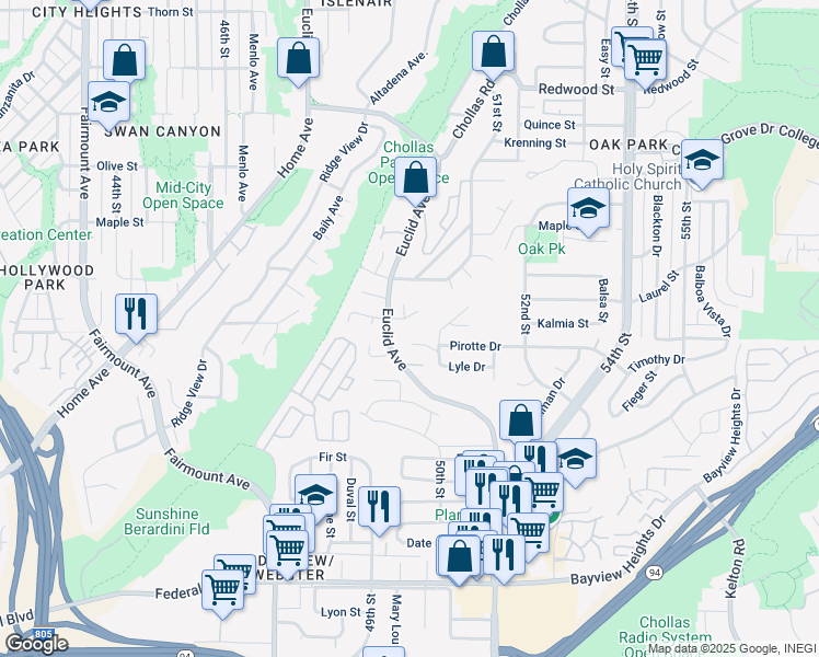 map of restaurants, bars, coffee shops, grocery stores, and more near 5035 Tiselle Way in San Diego