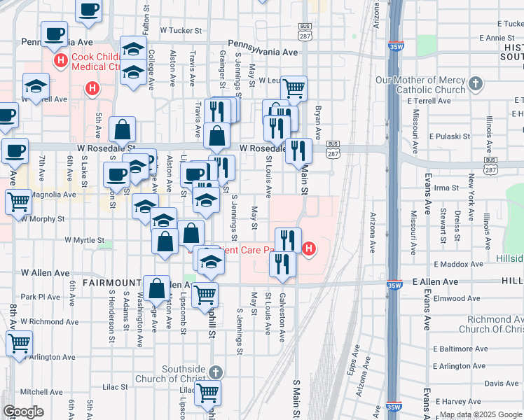 map of restaurants, bars, coffee shops, grocery stores, and more near 315 West Magnolia Avenue in Fort Worth