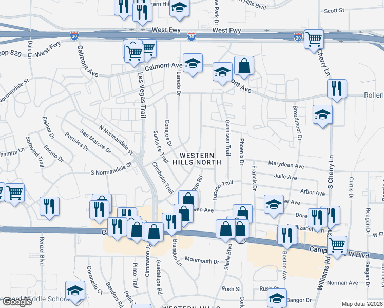 map of restaurants, bars, coffee shops, grocery stores, and more near 3109 Laredo Drive in Fort Worth