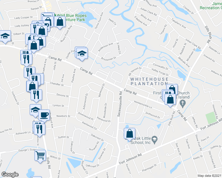 map of restaurants, bars, coffee shops, grocery stores, and more near 1402 Kentwood Circle in Charleston