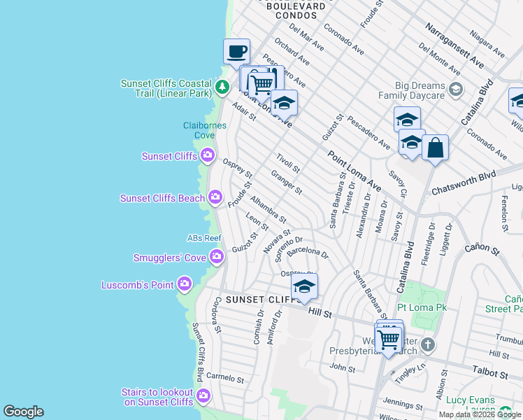 map of restaurants, bars, coffee shops, grocery stores, and more near 4545 Alhambra Street in San Diego