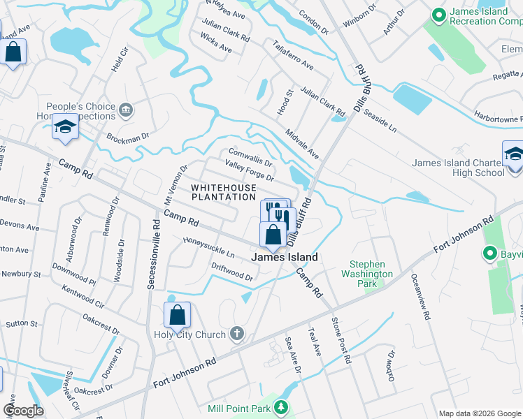 map of restaurants, bars, coffee shops, grocery stores, and more near 997 Encampment Court in Charleston