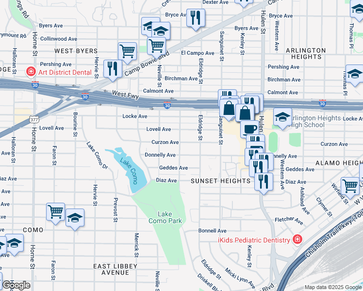 map of restaurants, bars, coffee shops, grocery stores, and more near 4939 Curzon Avenue in Fort Worth
