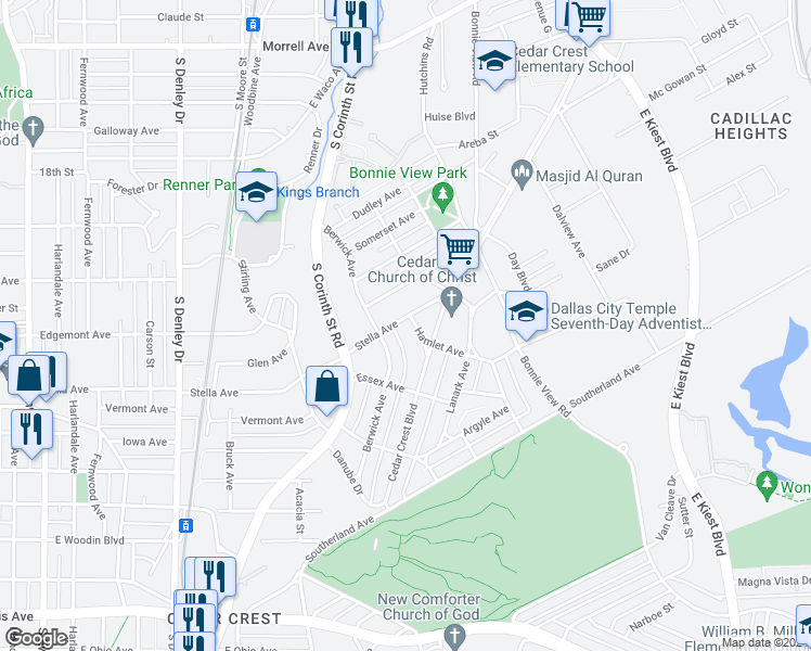 map of restaurants, bars, coffee shops, grocery stores, and more near 1824 Stella Avenue in Dallas