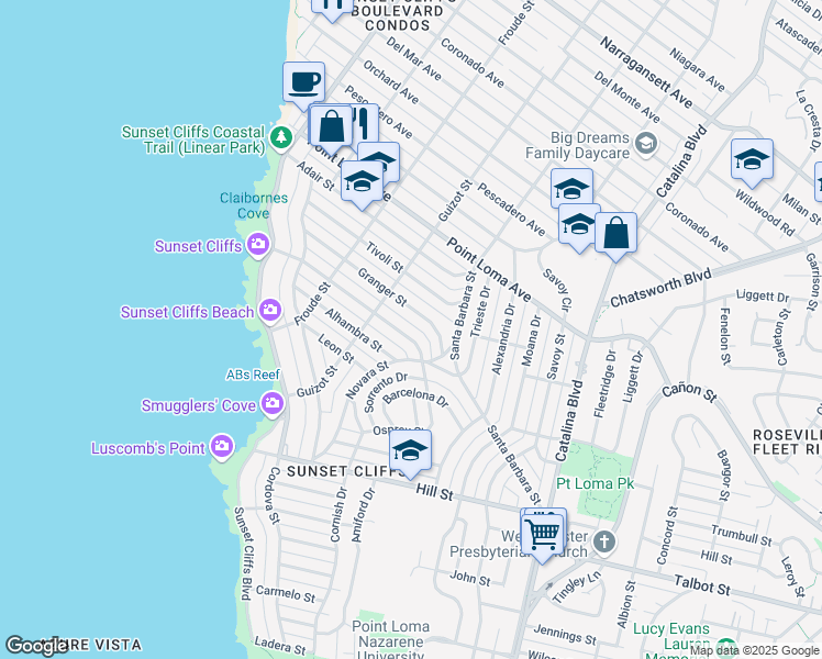 map of restaurants, bars, coffee shops, grocery stores, and more near 4440 Osprey Street in San Diego