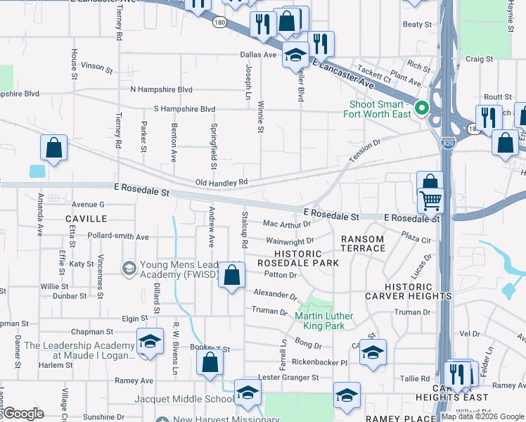 map of restaurants, bars, coffee shops, grocery stores, and more near 5528 East Rosedale Street in Fort Worth