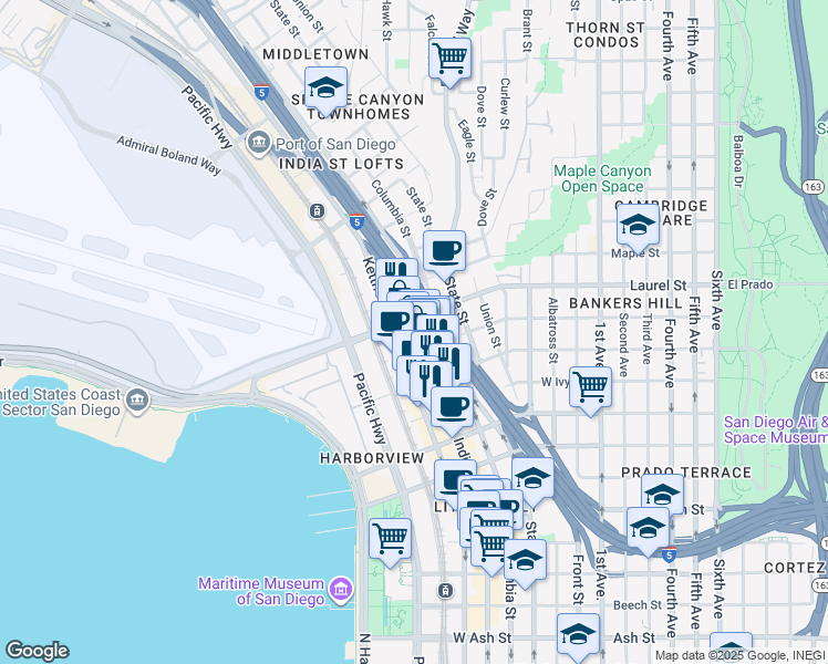 map of restaurants, bars, coffee shops, grocery stores, and more near 2446 India Street in San Diego