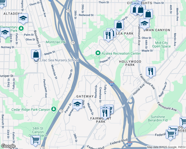 map of restaurants, bars, coffee shops, grocery stores, and more near 3940 Juniper Street in San Diego