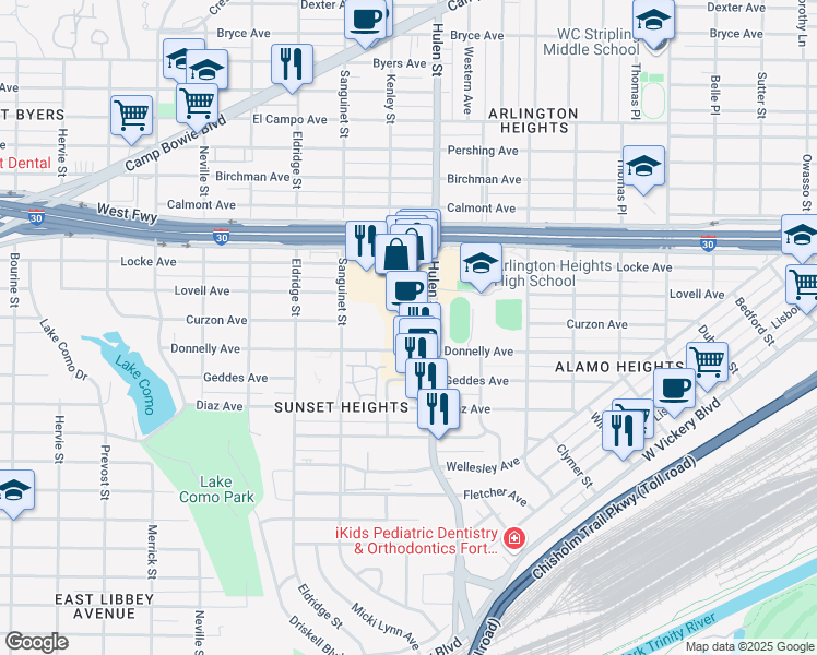 map of restaurants, bars, coffee shops, grocery stores, and more near in Fort Worth
