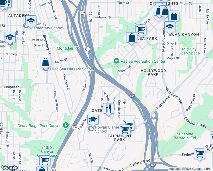 map of restaurants, bars, coffee shops, grocery stores, and more near 3940 Juniper Street in San Diego