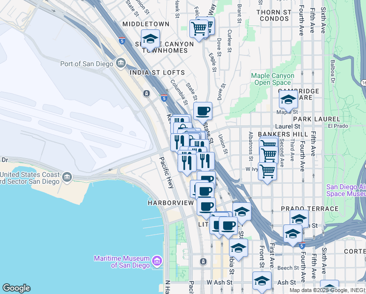 map of restaurants, bars, coffee shops, grocery stores, and more near 2446 India Street in San Diego